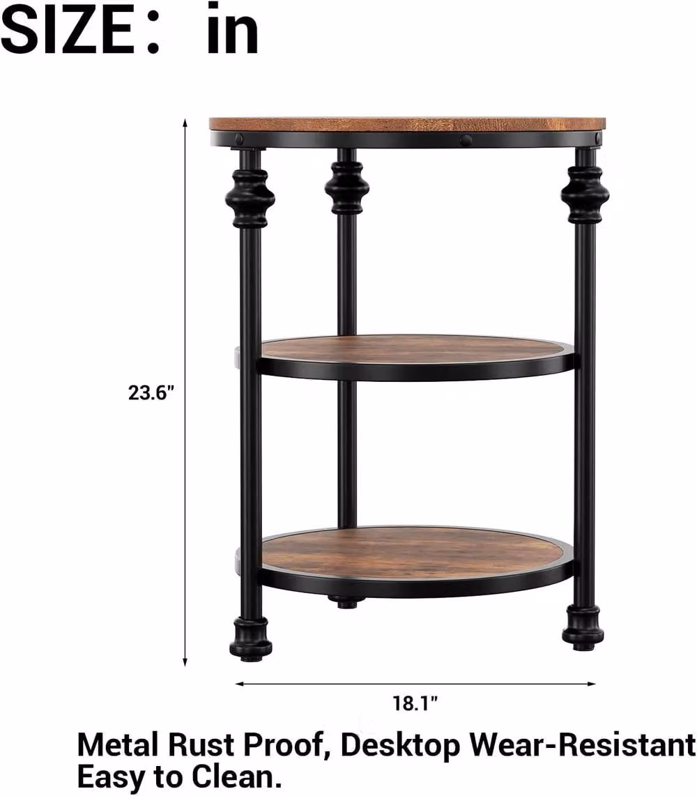 London Boutique 3-Tier Round Industrial Side Table in Brown and Black, W/D/H: 45 x 45 x 60 cm – 2