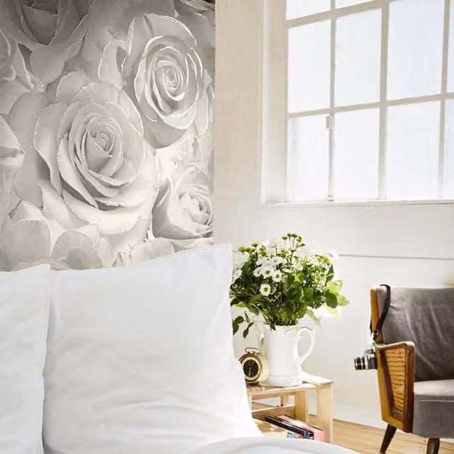 Muriva Modern Floral Botanical Mural Wallpaper in Pink, Silver and White