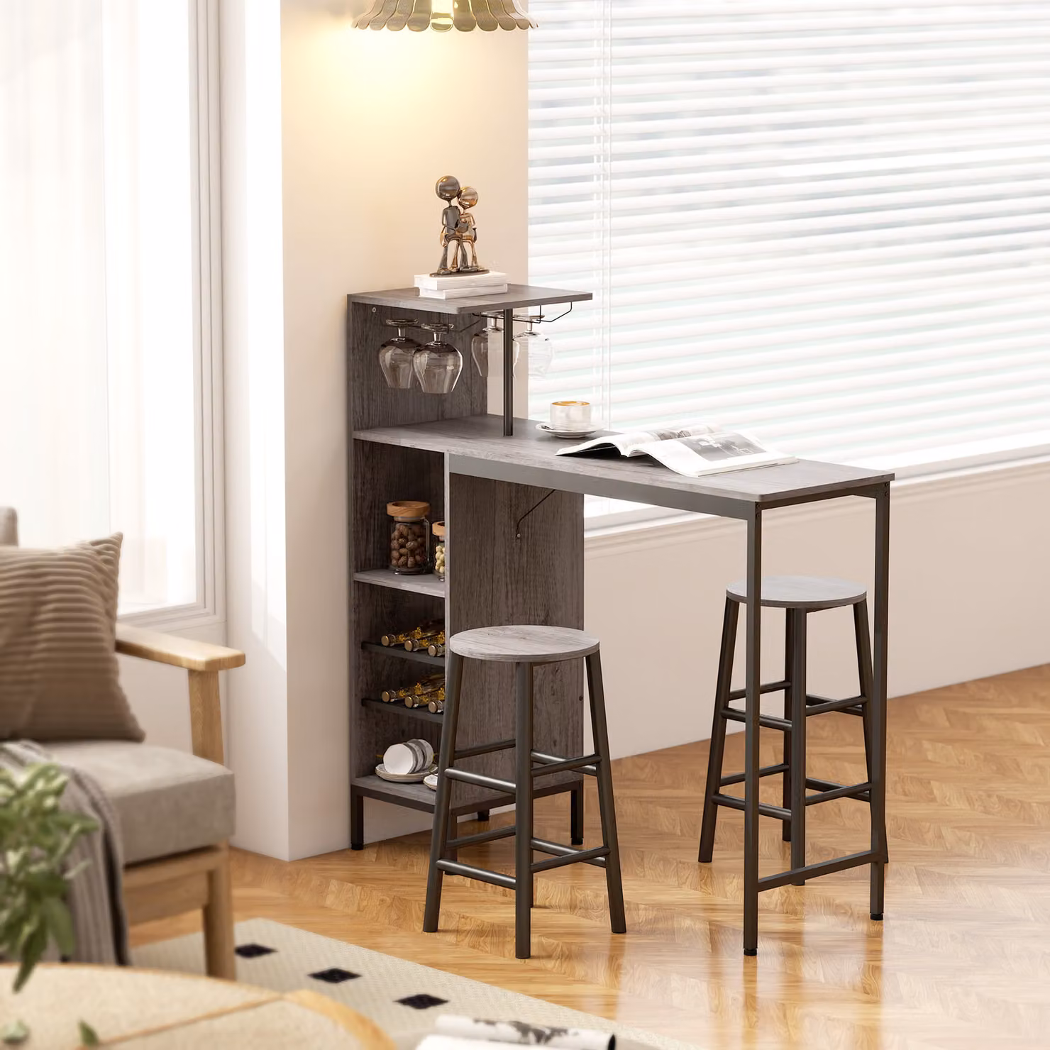 HOMCOM 3 Piece Dining Room Set with 6-Tier Rectangular Table and 2 Round Stools in Natural Wood and Metal Finish – 6