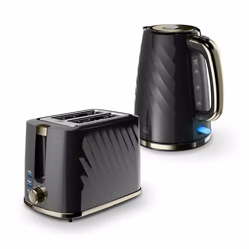 Swan Windsor Breakfast Essentials Bundle with 1.7L Rapid Boil Kettle and 2 Slice Toaster, Black and Gun Metal Brass, EEJB432