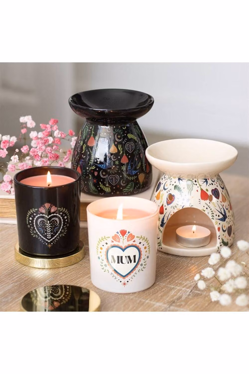 KDMD Midnight Bloom Ceramic Oil Burner with Floral Print, Black Tabletop Aromatherapy Tealight Diffuser – 3