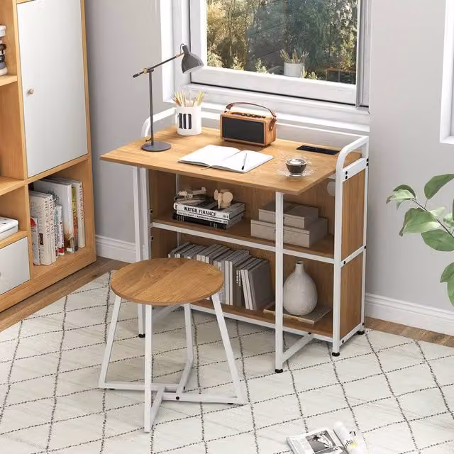 Costway Folding Computer Desk Set with Stool and AC Outlets in Natural Beige