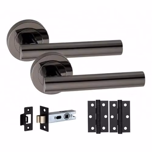 Golden Grace T-Bar Handle and Rosette Set in Matt Black Brass with Hinges and Latch – 1