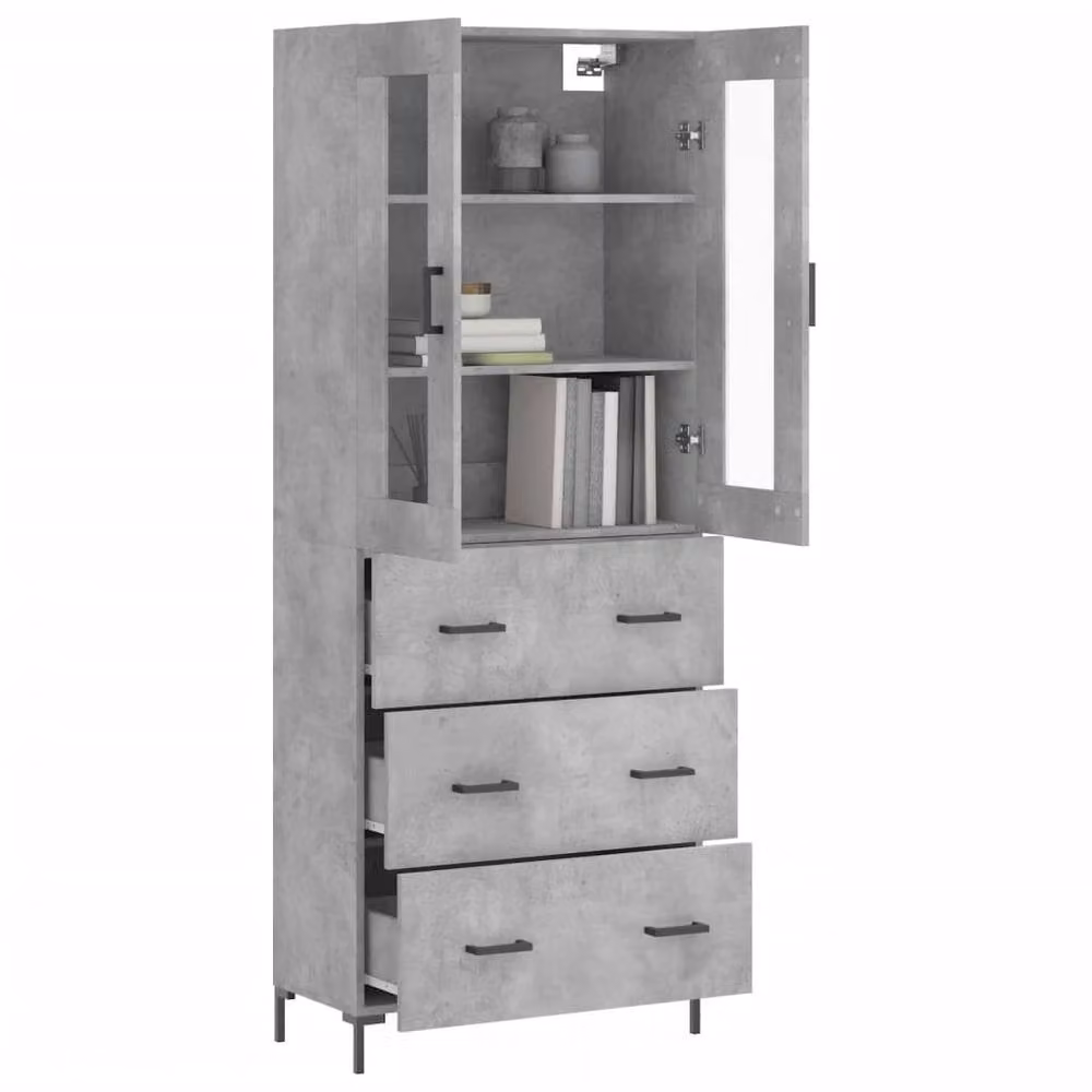 Berkfield Home Highboard in Concrete Grey with Glass Doors and Internal Shelves, W/D/H: 69.5 x 34 x 180 cm – 3