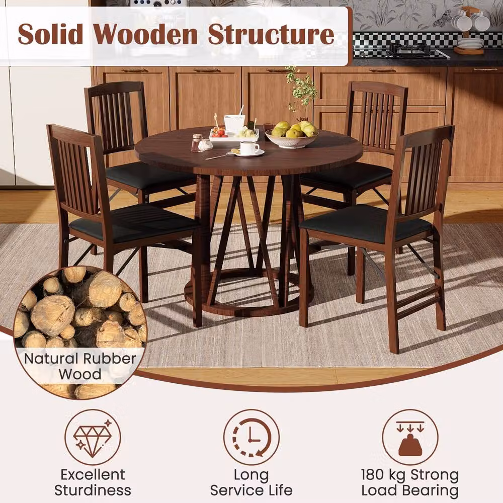 Costway Set of 2 Brown Folding Upholstered Dining Chairs with Synthetic Leather and Rubberwood – 5