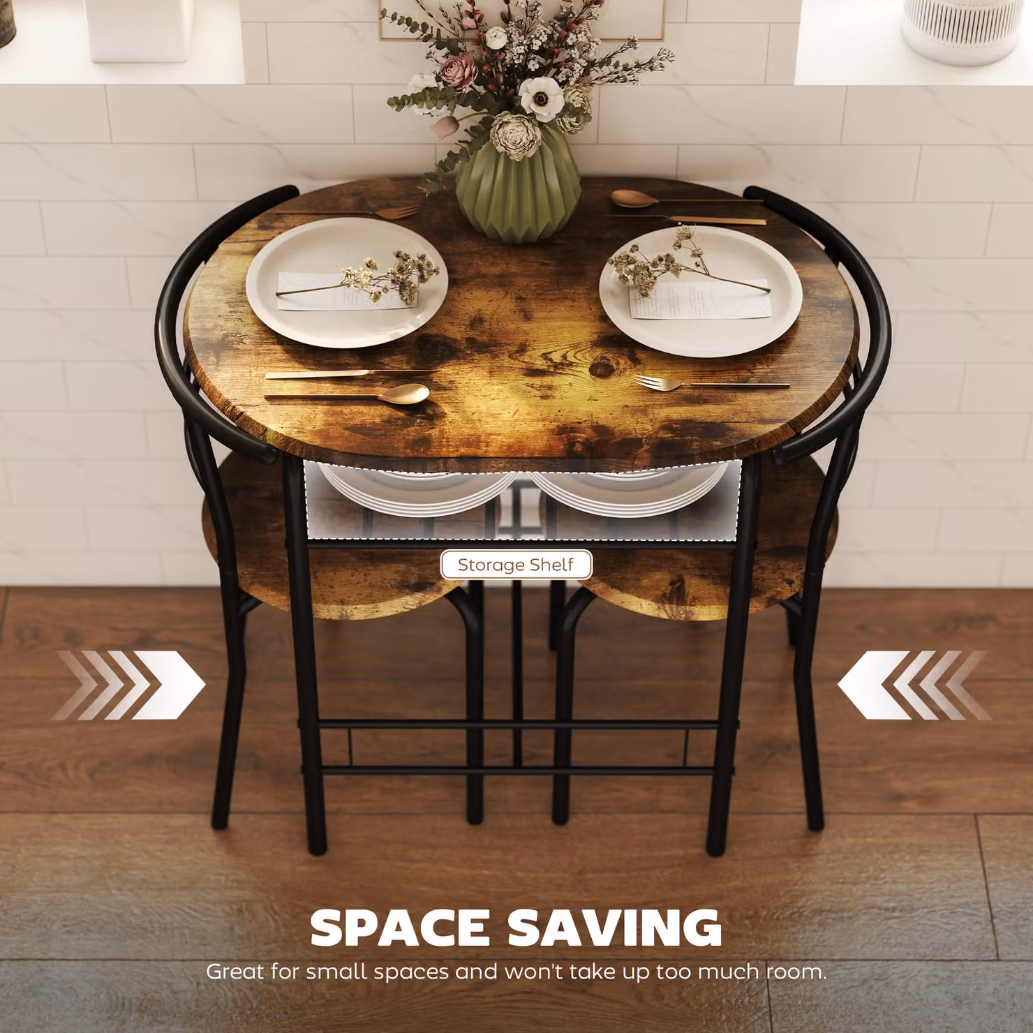 HOMCOM Three-Piece Compact Dining Set with Round Table and Chairs in Rustic Brown and Black – 4