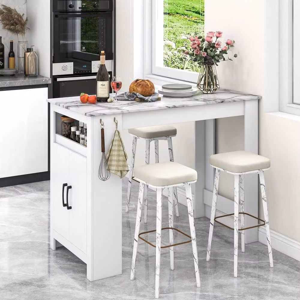 FORGEVIO Modern Rectangular Dining Table and Bar Table with Adjustable Marble Shelf in White – 2