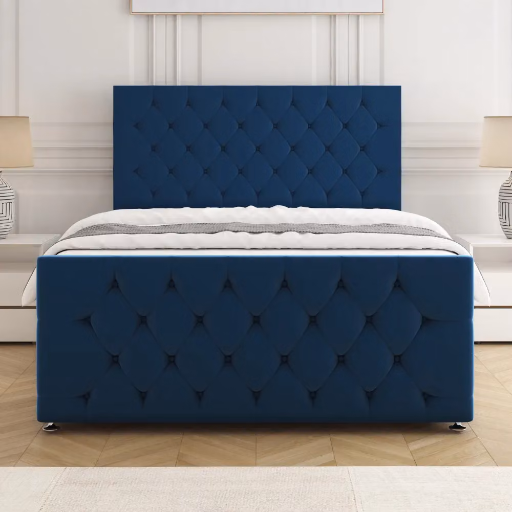 BSSPOKE Maya Super King Velvet Plush Divan Bed with 24 inch Headboard, Footboard, 4 Drawers and Mattress in Blue, W/D/H: 200 x 200 cm – 2