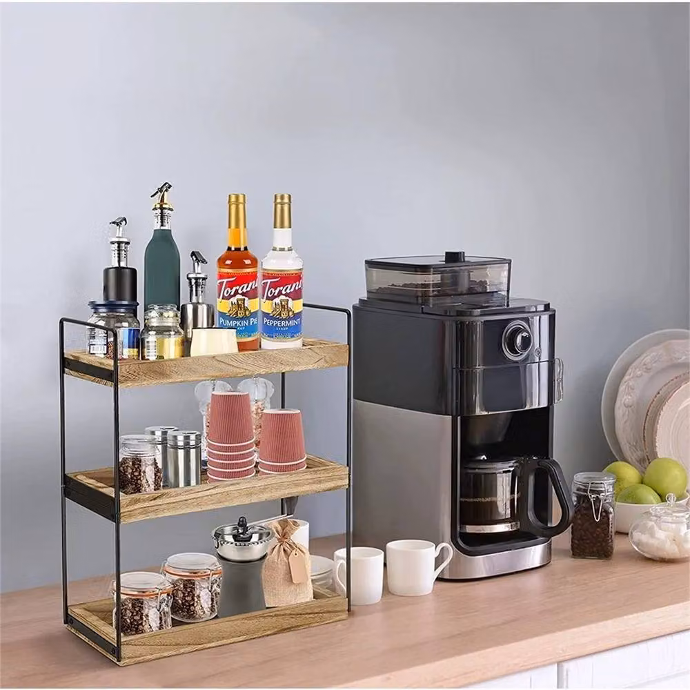 Nordara 3 Tier Brown Wood Kitchen Counter Coffee and Condiment Storage Shelf – 3