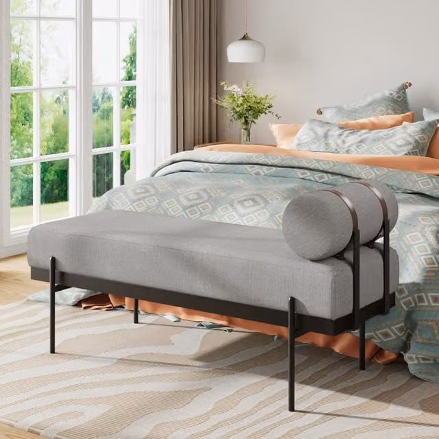 Komore Light Grey Upholstered Chenille Bench with Removable Pillow
