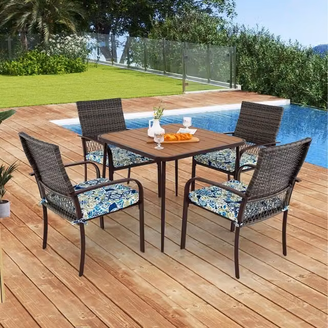 Costway 5 Piece Brown Polyrattan Patio Dining Set with Square Table and Chairs