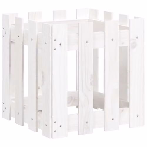 vidaXL White Wooden Garden Planter Tub with Fence Design W/D/H: 40 x 40 x 40 cm