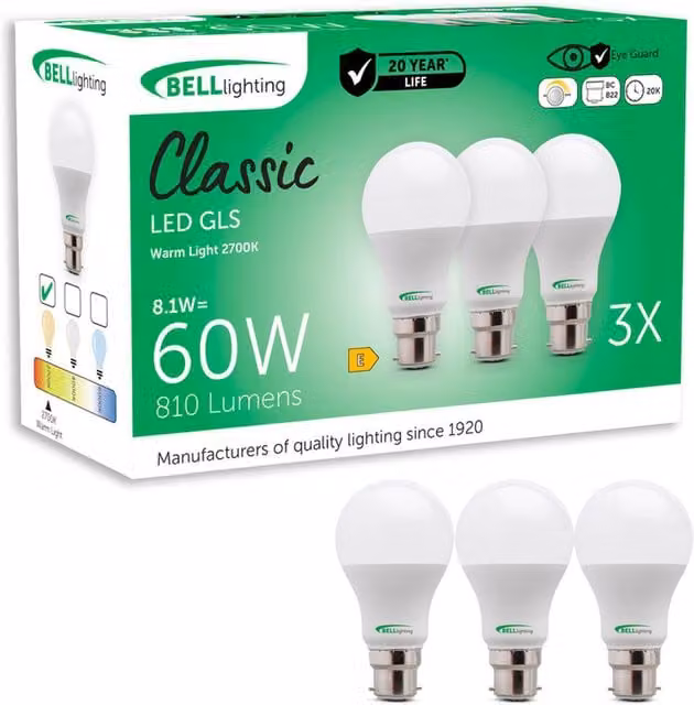 Bell Lighting B22 Bayonet Dimmable LED GLS Light Bulb, Warm White 2700K, 8W, 810 Lumen