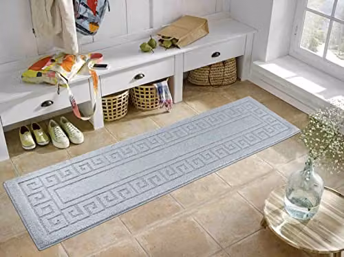 Desire Rugs Ivy Greek Key Hallway Runner Mat, Silver, W: 80 cm, L: 300 cm