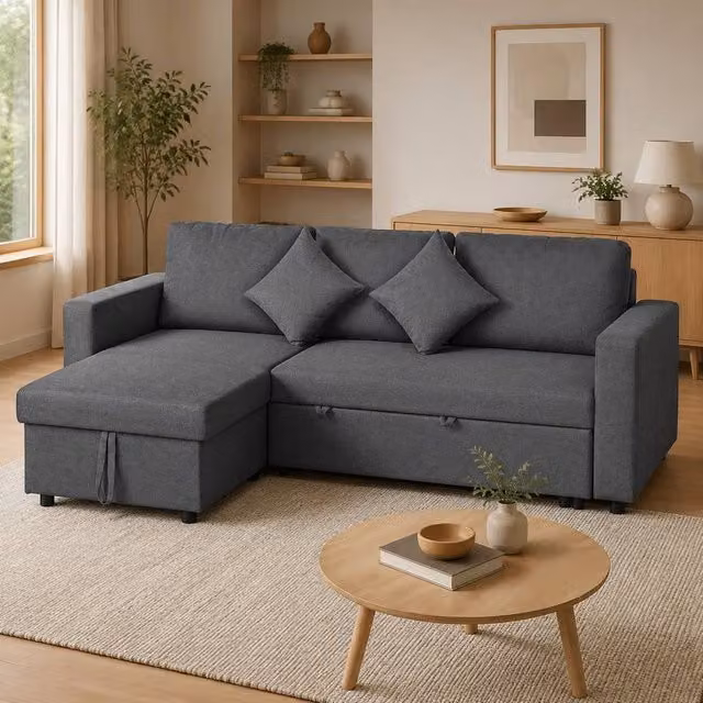 STILVORA 3 Seater Reversible Fabric Sofa Bed with Storage and Scatter Cushions in Grey