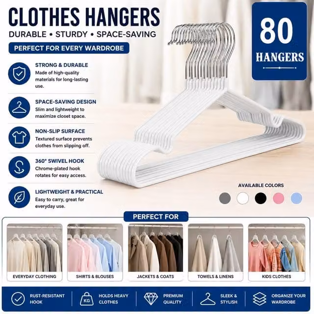 Atek 80 Piece Space Saving Metal and Plastic Coat Hangers in White