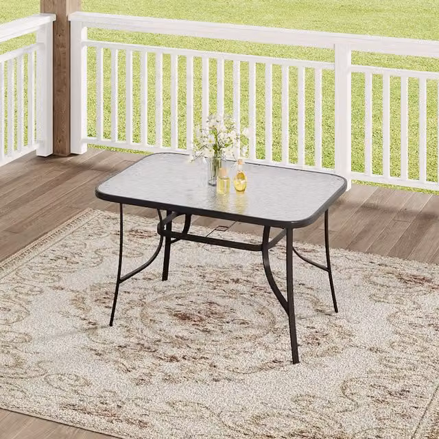 Komore Modern Rectangular Black Glossy Tempered Glass Garden Table with Four Legs