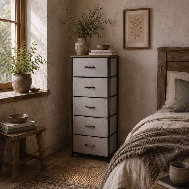 Wyld Haus 5 Drawer Fabric Chest with Steel Frame and Wood Effect Top in Grey and Light Grey, H 116 x W 45 x D 30 cm