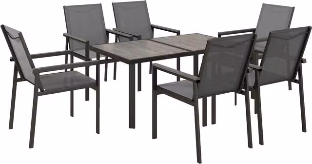 Outsunny 7 Piece Garden Dining Set with Glass Top Rectangular Table and 6 Grey Mesh Armchairs