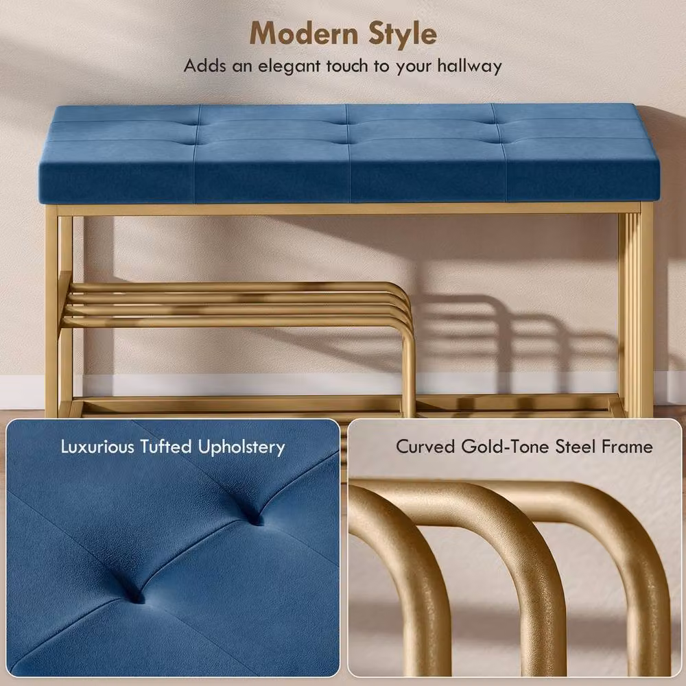 HOMCOM Blue Velvet Upholstered Shoe Rack Bench, Width: 90 cm – 3