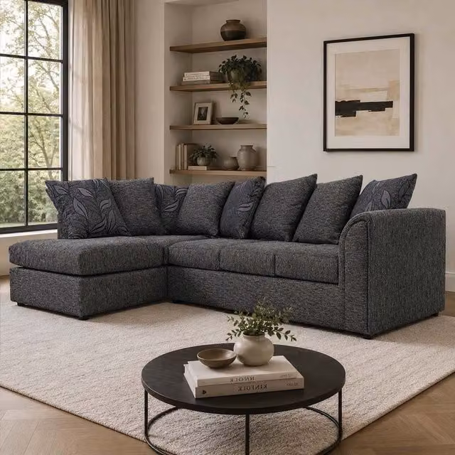 Furnishings For Less UK Byron Dundee Chenille Fabric 5 Seater L Shaped Corner Sofa in Grey, Left Hand Facing – 1