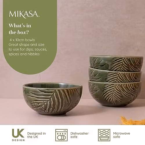 Mikasa Jardin 4-Piece Green Floral Stoneware Dip Bowl Set, Diameter: 10 cm – 3