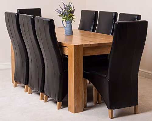 Thats Furniture Kuba Oak Dining Table and 8 Lola Black Leather Chairs Set, W: 180 cm, D: 90 cm, H: 78 cm