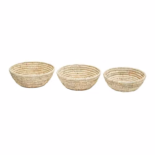 Premier Housewares Set of Three Beige Palm Leaf Open Weave Baskets, W: 26 cm, D: 26 cm, H: 10 cm