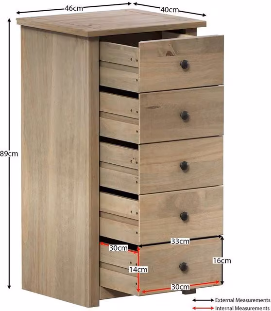 FORGEVIO 5 Drawer Narrow Chest in Natural Rustic Waxed Solid Pine – 1
