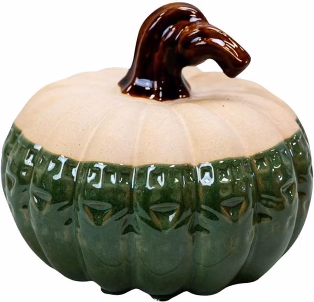 Four Candle Rustic Ceramic Pumpkin Ornament in Beige, Green and Brown – 1