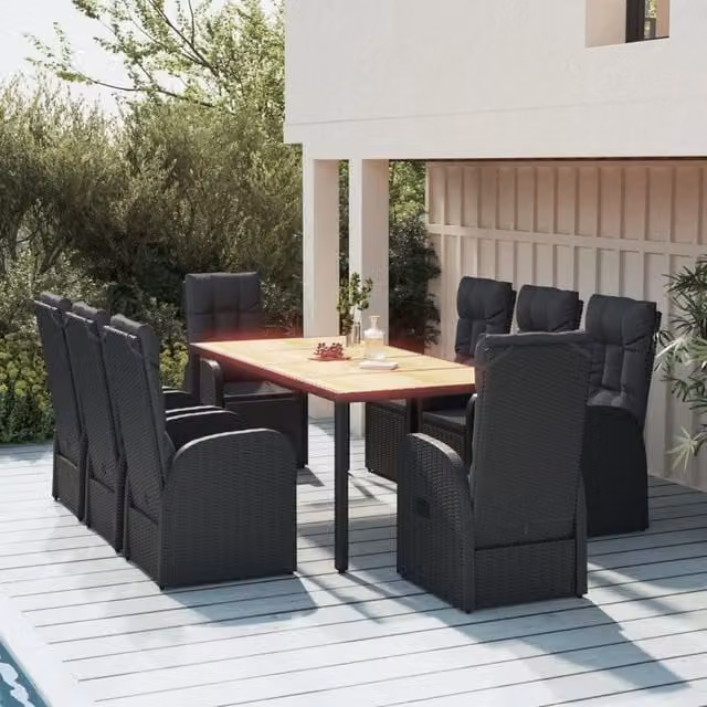 Berkfield Home 9 Piece Black Poly Rattan and Solid Acacia Wood Garden Dining Set