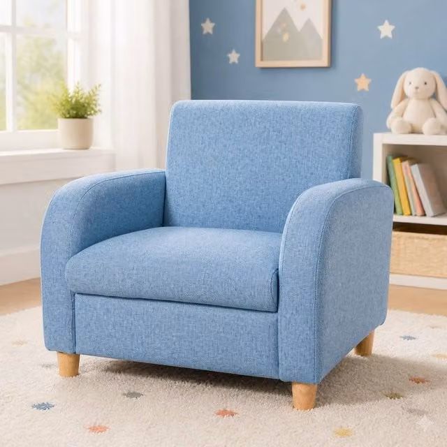 STILVORA Children's Armchair with Blue Fabric and Solid Rubberwood Frame