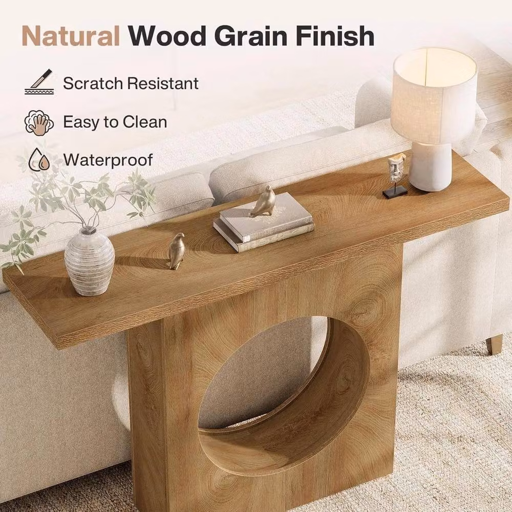 VOGREX Farmhouse Console Table with Round Hole Design in Brown Light Oak – 3