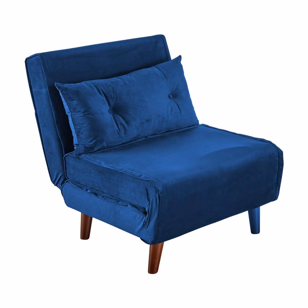 Home Source Blue Velvet Double Sofa Bed Folding Chair with Wooden Legs and Two Pillows – 5