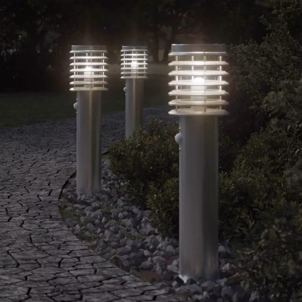Berkfield Home Set of 3 Silver Stainless Steel Outdoor Bollard Floor Lamps with Twilight Sensor, Height: 60 cm – 1