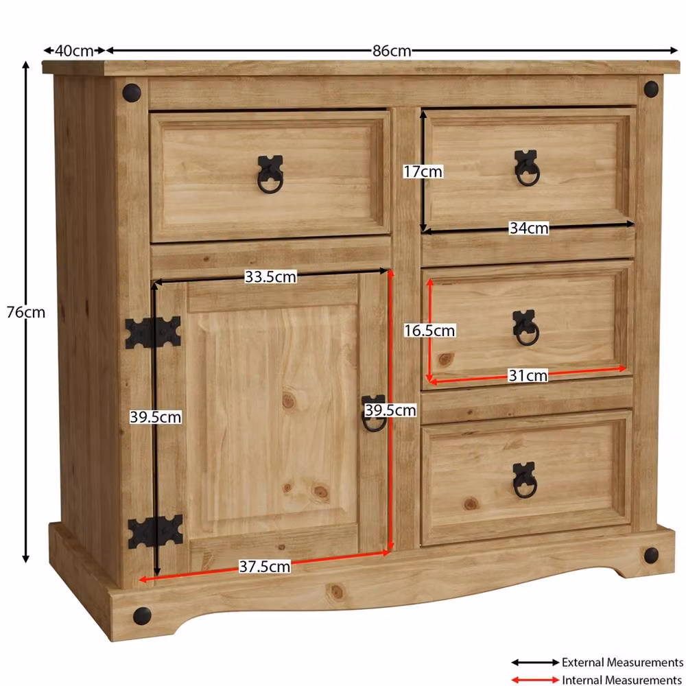 EONLION Solid Pine 1 Door 4 Drawer Sideboard Cabinet in Brown, Width: 100 cm – 2