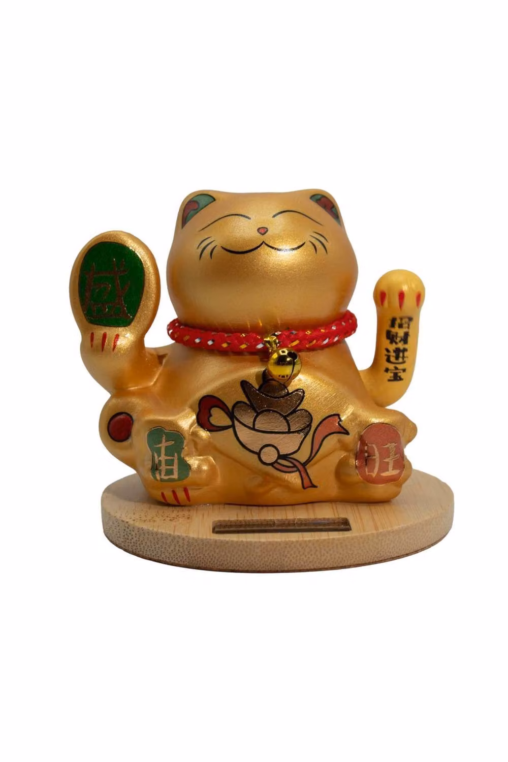 KDMD Solar Moving Hand Money Cat Ornament with Gold and Red Accents and Wooden Base – 2