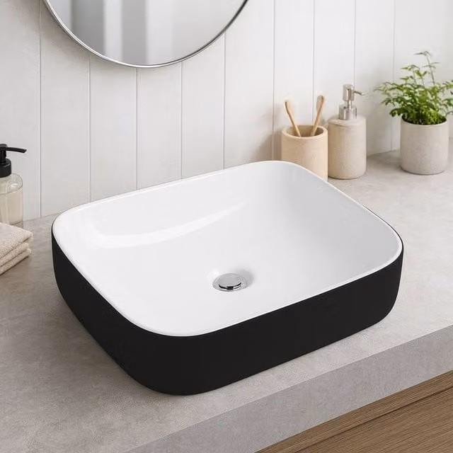 Bathroom Kingdom Orca Black & White Ceramic Curved Countertop Basin, W: 35.5 cm