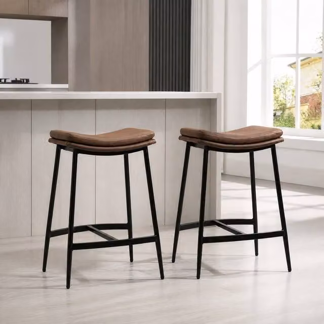 STILVORA Set of 2 Modern Brown Bar Stools with Metal Frame and Synthetic Leather Upholstery – 1