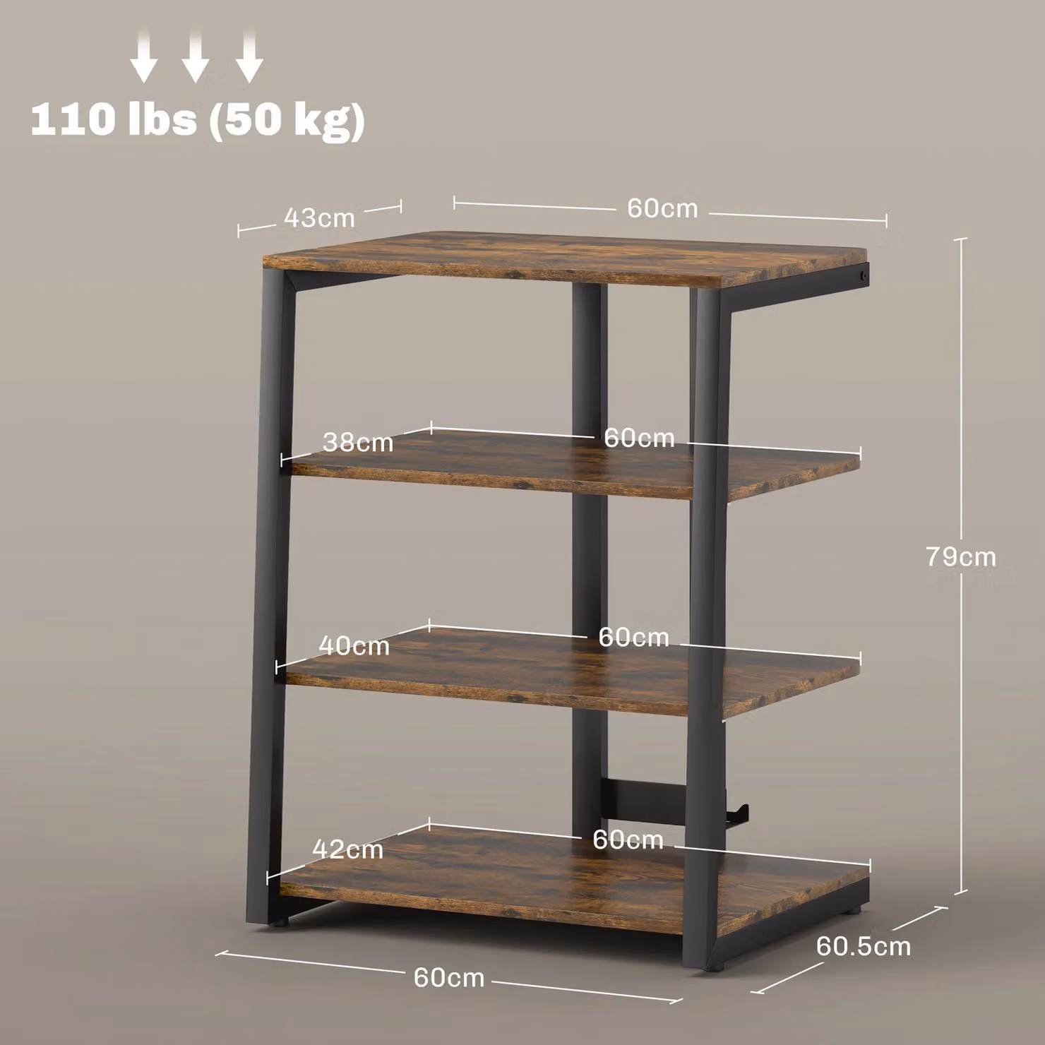 HOMCOM 4-Tier HiFi Rack Stand and Record Player Stand with Adjustable Shelves in Rustic Brown – 3