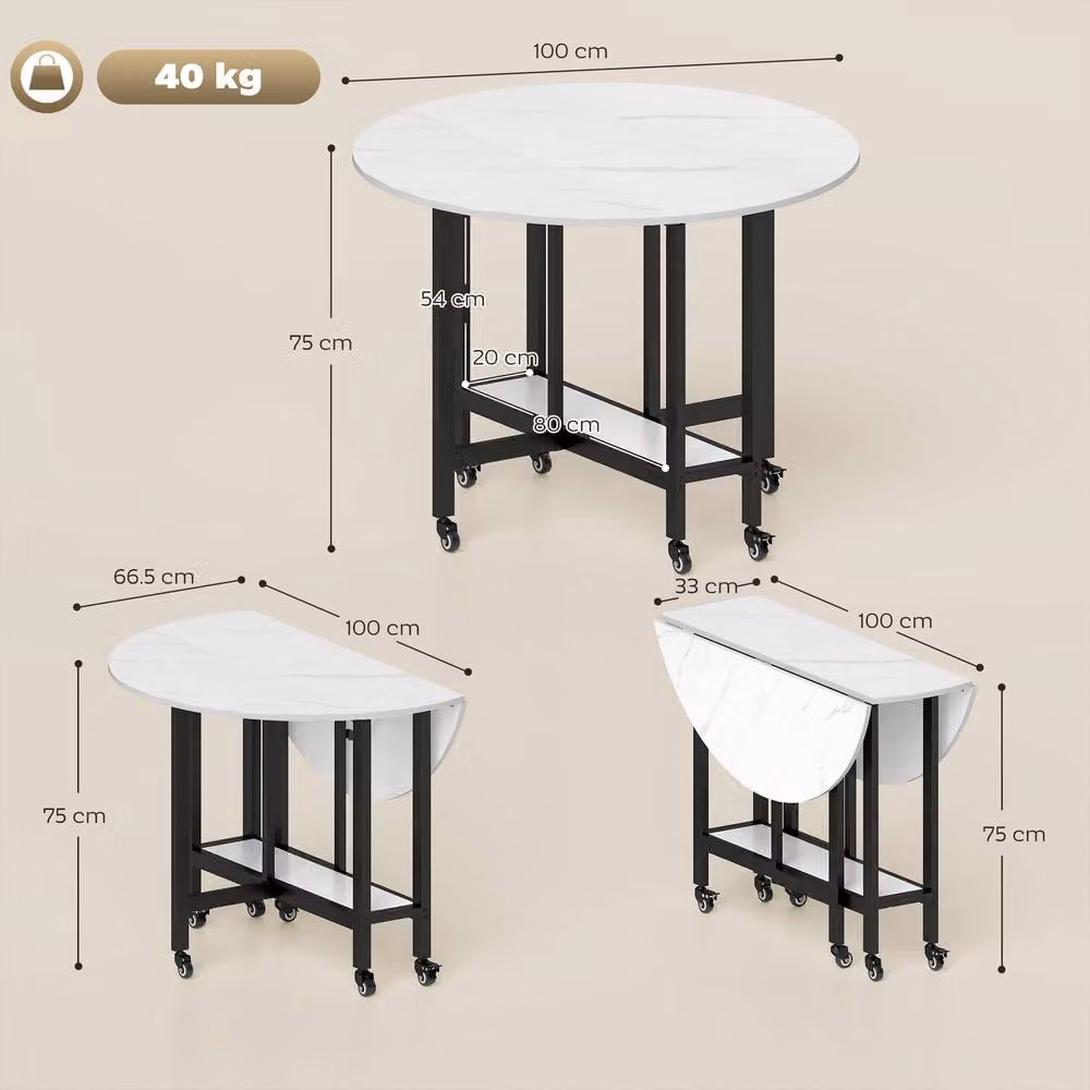 STILVORA White Folding Dining Table with Drop Leaf and Lockable Castors – 3