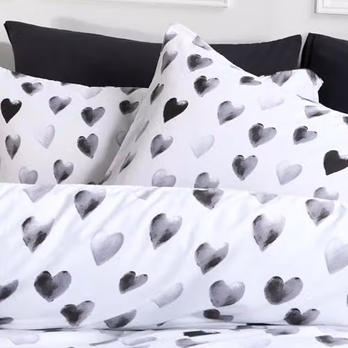 OHS Heart Print Superking Duvet Cover and Pillowcase Set, Reversible Microfibre Polyester Bedding in Mono White and Black, Duvet Cover 200 x 220 cm, Pillowcases 50 x 75 cm – 5