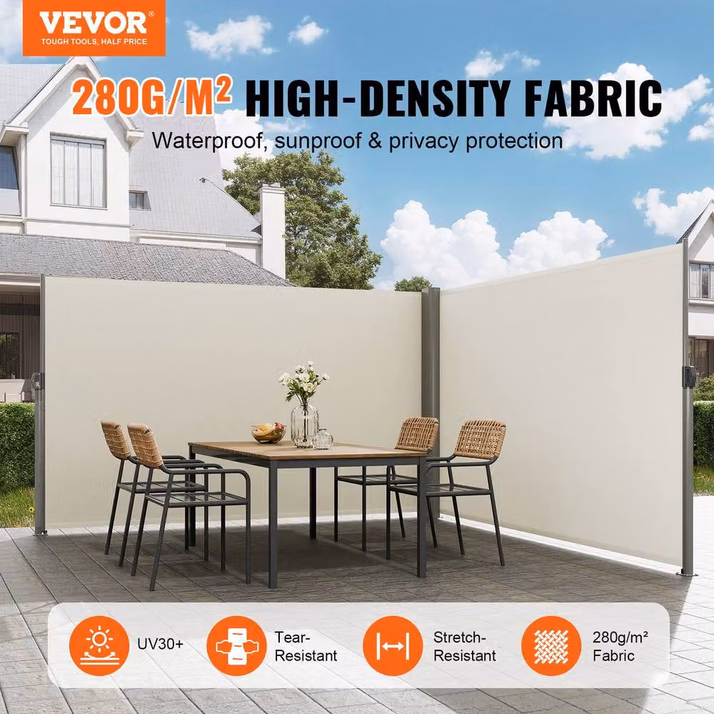 VEVOR Beige Retractable Aluminium Outdoor Privacy Screen with Polyester Fabric, W/H: 236 x 63 in – 2