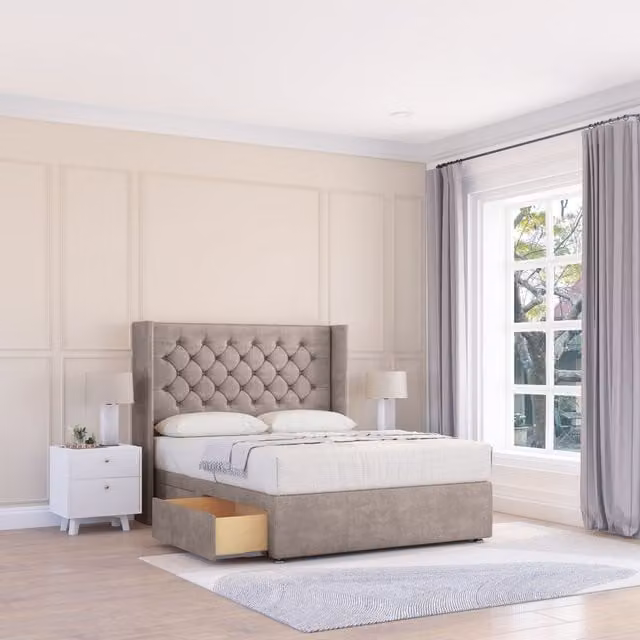 Sloomy Dior Plush Wingback Bed Set in Beige with 2 Drawers and Floor Standing Headboard, W/D/H: 120 x 200 cm