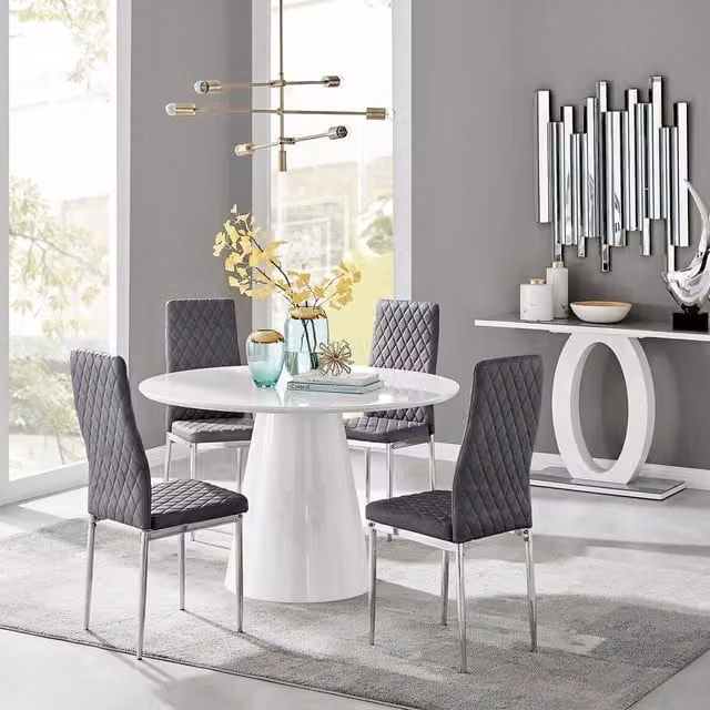 FurnitureboxUK Palma White High Gloss Round Dining Table and 4 Grey Velvet Milan Chairs
