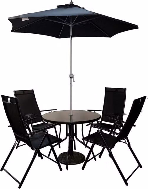 Samuel Alexander Modern 4 Person Round Glass Top Patio Dining Set with Black Parasol in Black and Grey