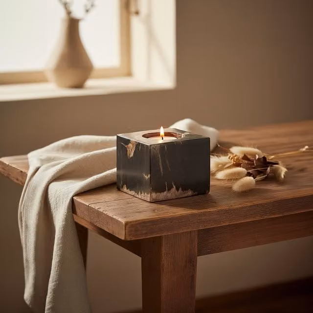 Orsina Relic Dark Petrified Wood Tealight Holder, Black Stone Tabletop Decor