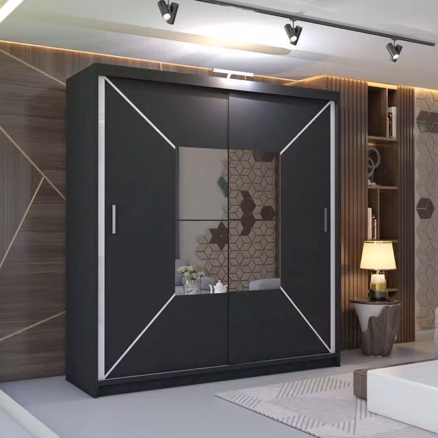 MN Furniture Naxos Sliding Mirror Wardrobe with LED Light, Black, W: 150 cm, H: 217 cm – 1