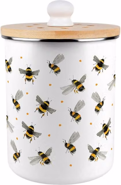 Purely Home Watercolour Bees Metal Food Waste Caddy with Flip Lid, 2L, Yellow and White