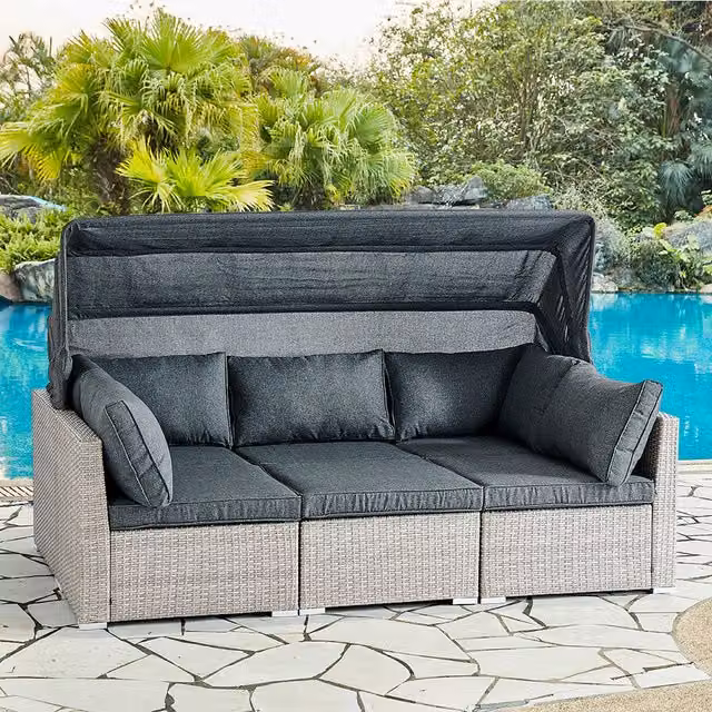 Sancho Rattan Corney Canopy Sunbed Set with Cover in Grey